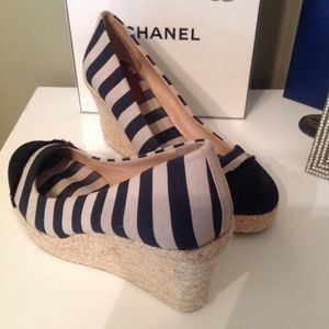 J CREW Navy & Cream stripe wedge Espadrilles shoes